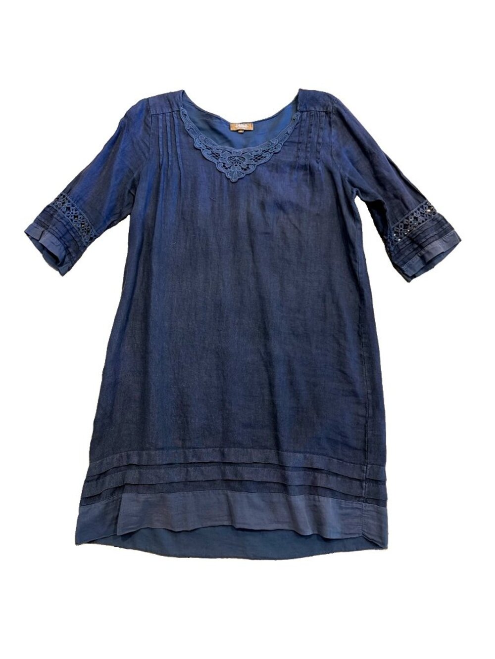 Carla Conti Made in Italy Linen Dress Womens M Blue Crochet Lace 3/4 Sleeve